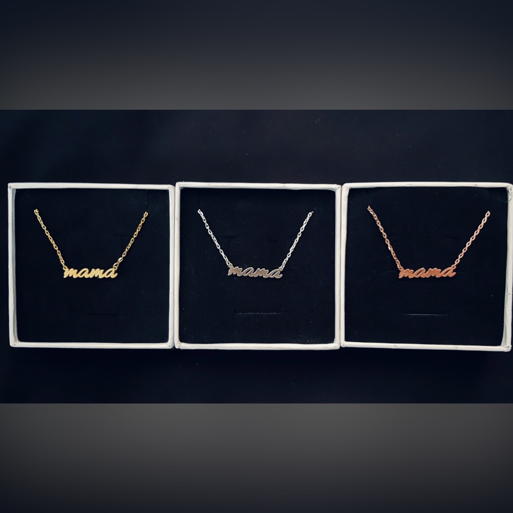 Mama Necklace Trio in Gold, Silver, and Rose Gold; New in Gift Boxes